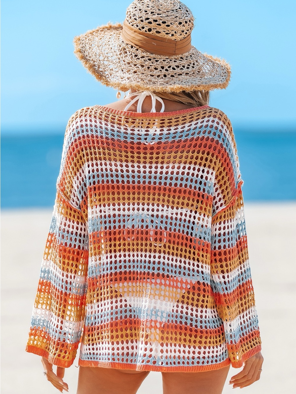 Beach Knit Cover-Up Sweater in Orange, Blue & White - Picture 2 of 5